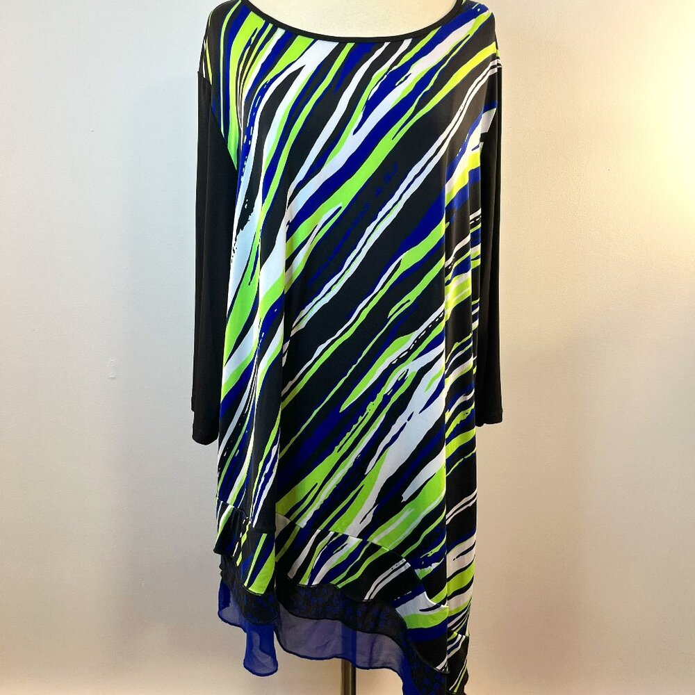 Peter Nygard Black Neon Green & Blue Striped Tunic